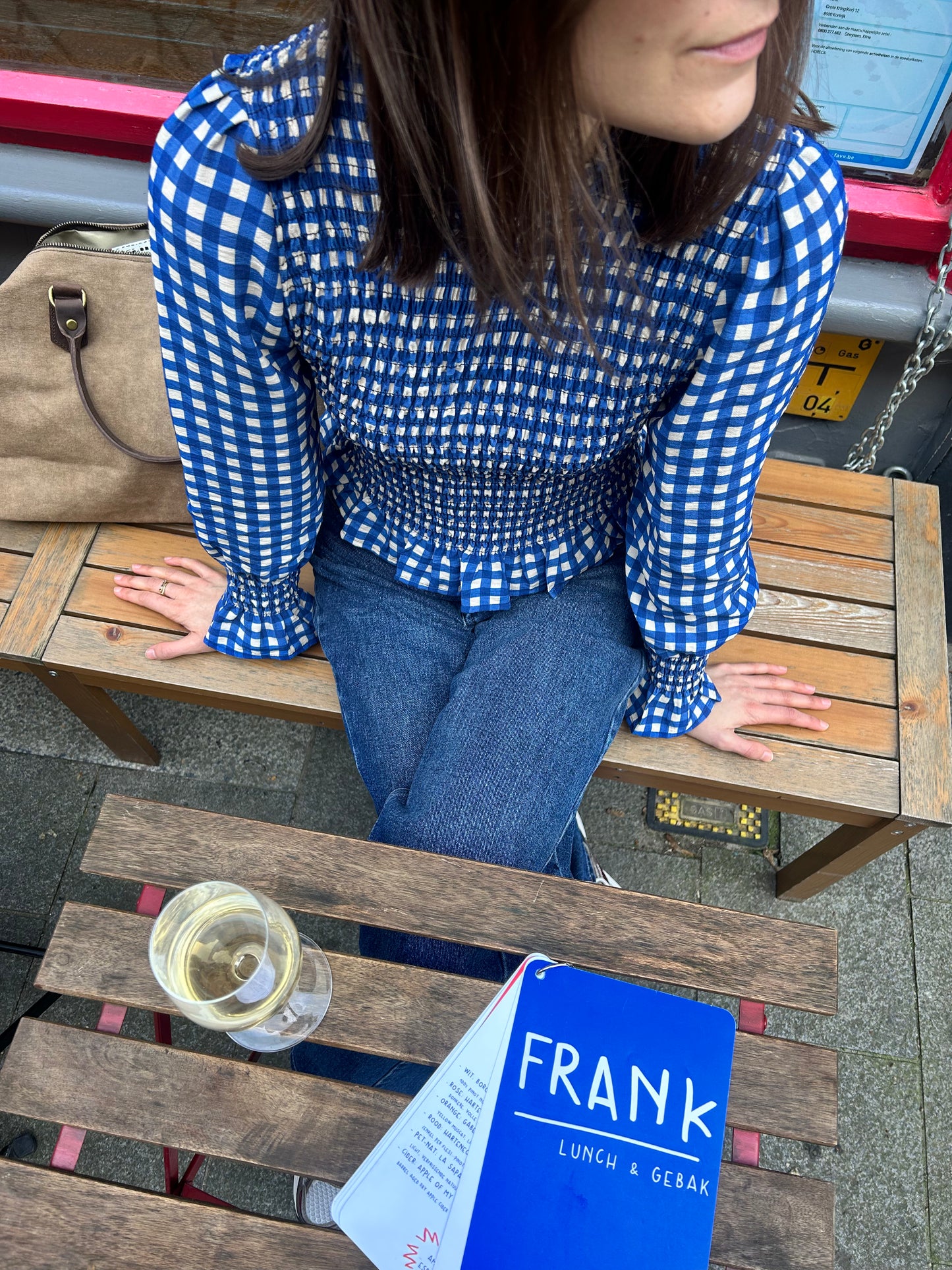 Blue & white ruffle blouse