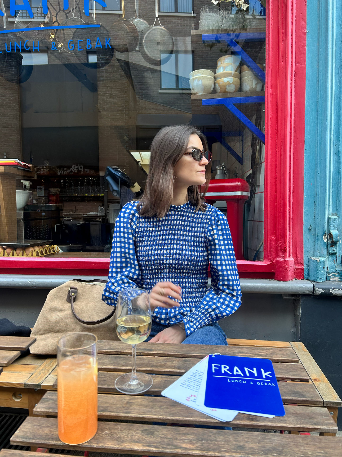 Blue & white ruffle blouse