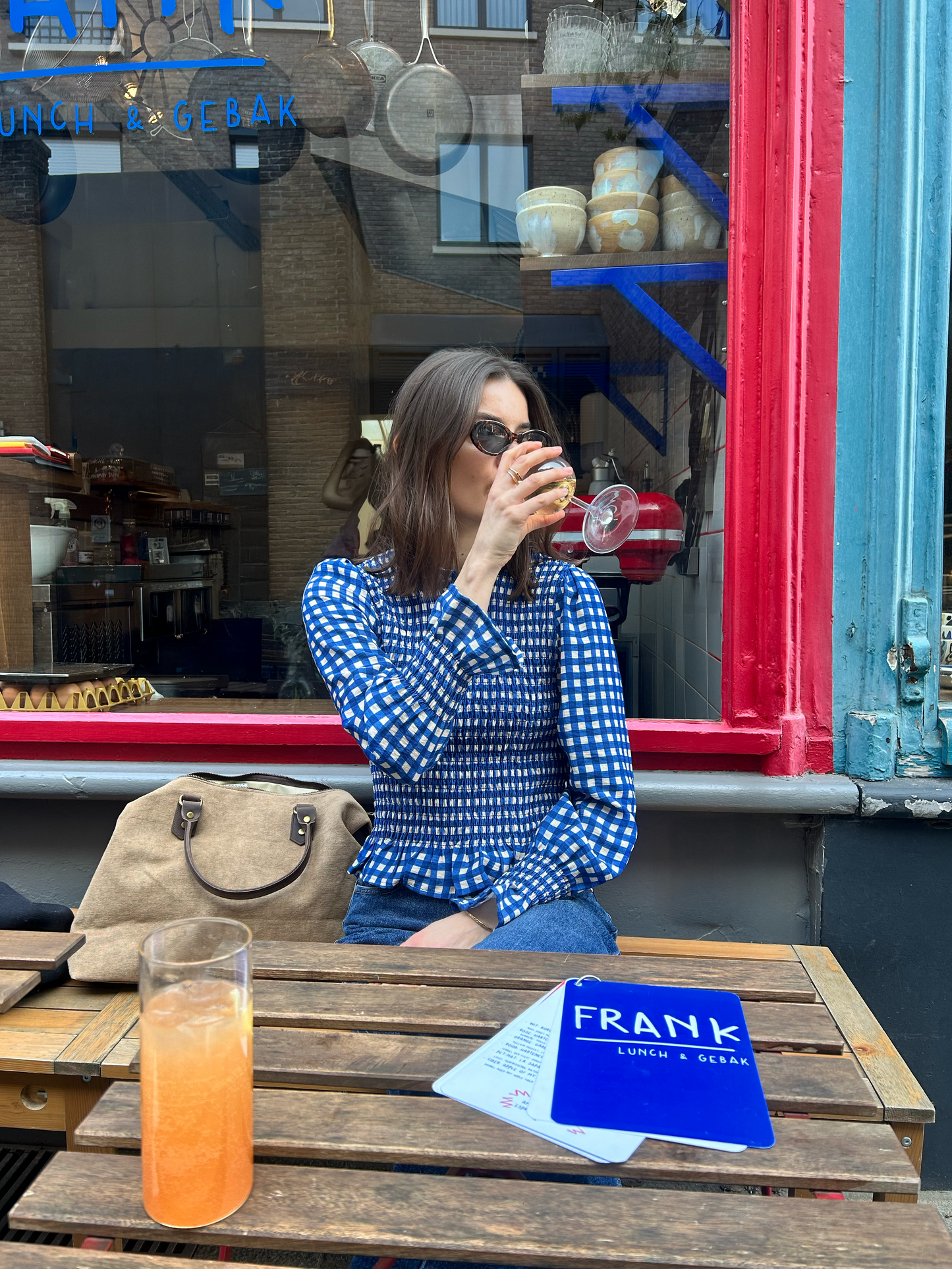 Blue & white ruffle blouse